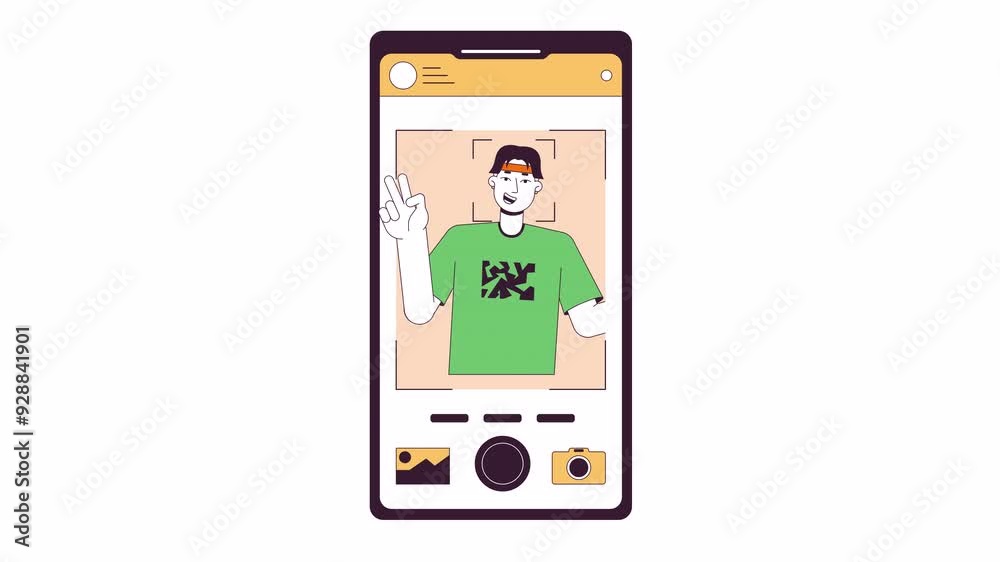 Taking selfie on smartphone screen 2D object animation. Photocamera mobile two fingers man flat color cartoon 4K video, alpha channel. Phone with camera interface animated item on white background Taking selfie on smartphone screen 2D object animation. Photocamera mobile two fingers man flat color cartoon 4K video, alpha channel. Phone with camera interface animated item on white background