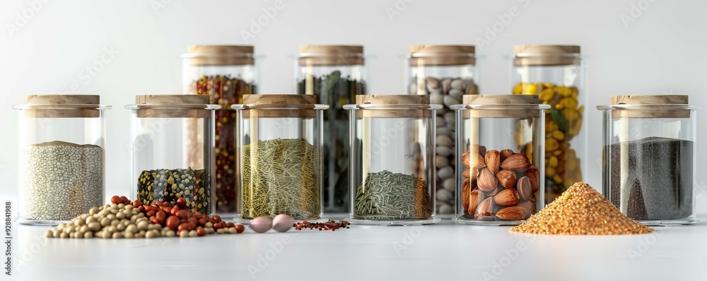Set of gourmet spices in containers on white background, 4K hyperrealistic photo Set of gourmet spices in containers on white background, 4K hyperrealistic photo
