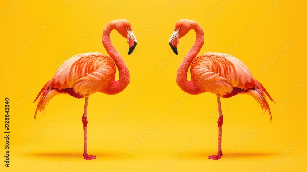 Obraz premium Two vibrant flamingos gracefully posing against a warm yellow background in bright daylight