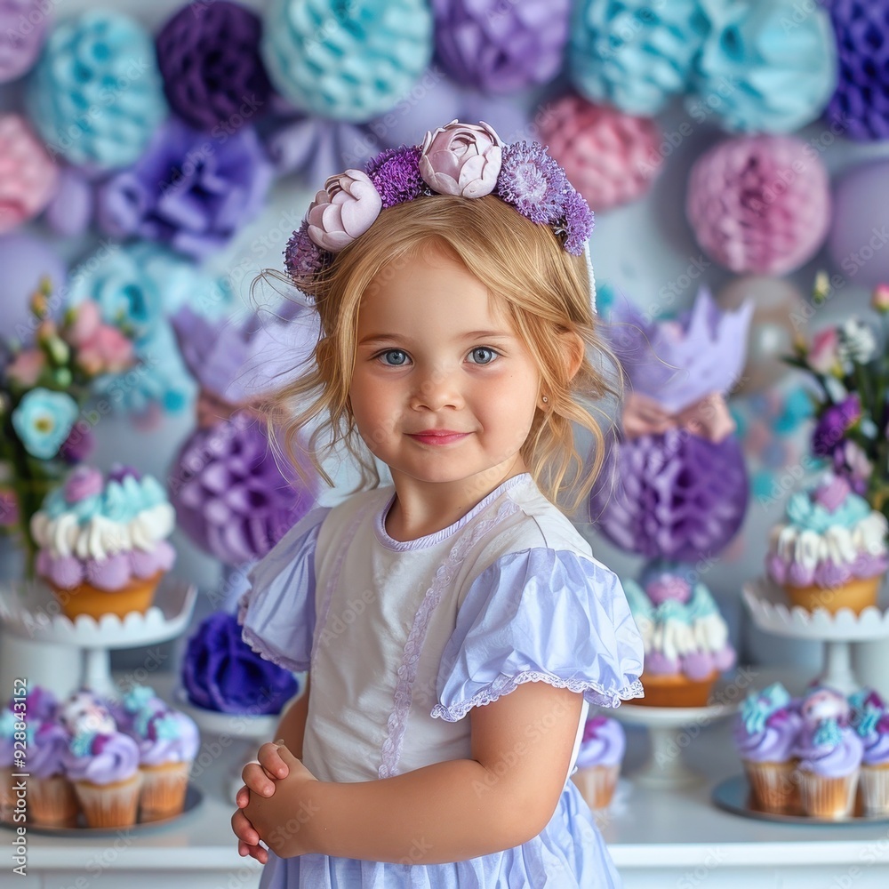 A joyful young girl posing beautifully amidst a whimsical pastel-themed birthday celebration decorated with colorful paper pom-poms A joyful young girl posing beautifully amidst a whimsical pastel-themed birthday celebration decorated with colorful paper pom-poms
