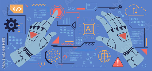 Robot hands. Artificial intelligence writing program, mechanical limbs use touch screen, cyborg creates application, banner design, ai technology poster nowaday vector cartoon flat concept