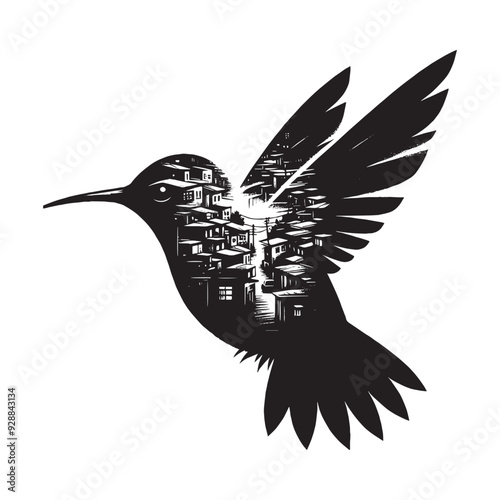 silhouette of Hummingbird filled with ghetto street in rough drawing