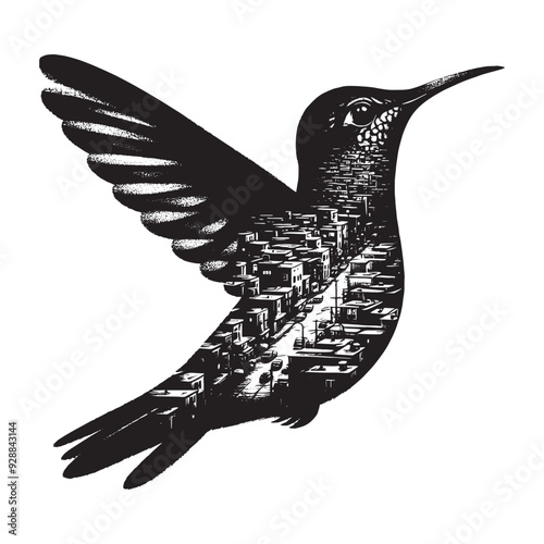 silhouette of Hummingbird filled with ghetto street in rough drawing