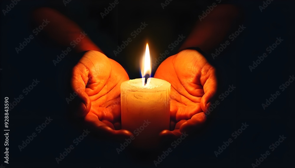 Hands holding burning candle in the dark prayer and spirituality concept Hands holding burning candle in the dark prayer and spirituality concept