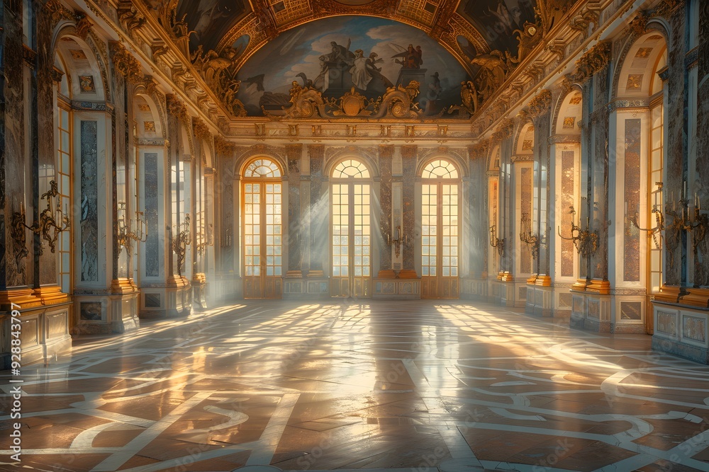 Majestic Hall of Mirrors Bathed in Golden Light