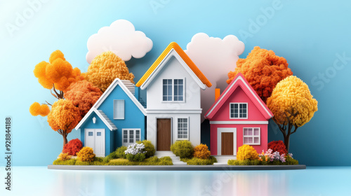 Miniature models of colorful houses surrounded by vibrant autumn trees, symbolizing neighborhood, community, and seasonal change.