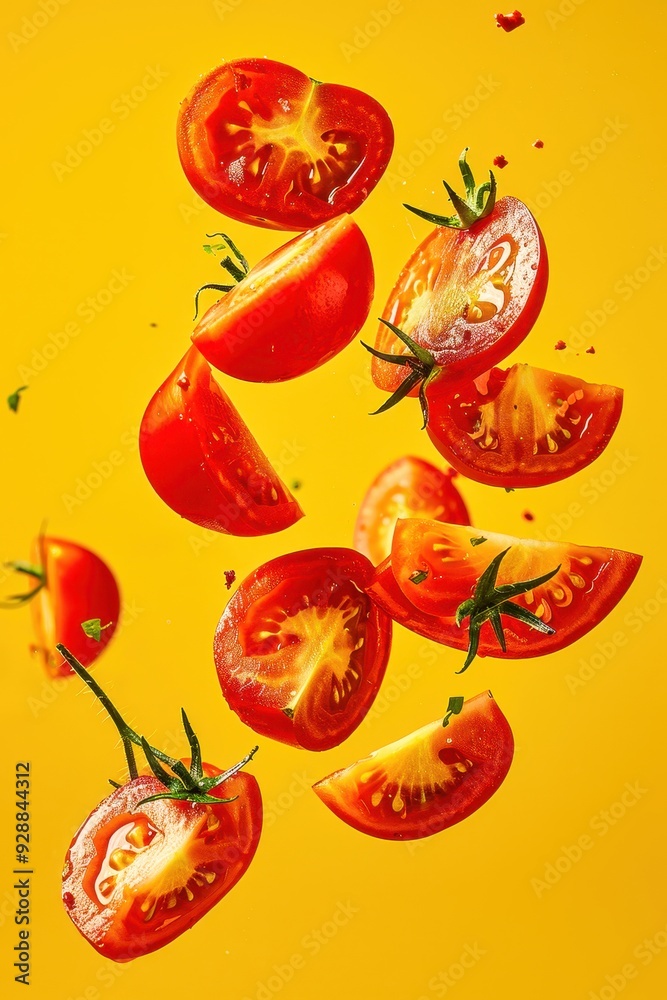 Slices of fresh, vibrant tomatoes suspended in mid-air against a cheerful yellow backdrop Slices of fresh, vibrant tomatoes suspended in mid-air against a cheerful yellow backdrop