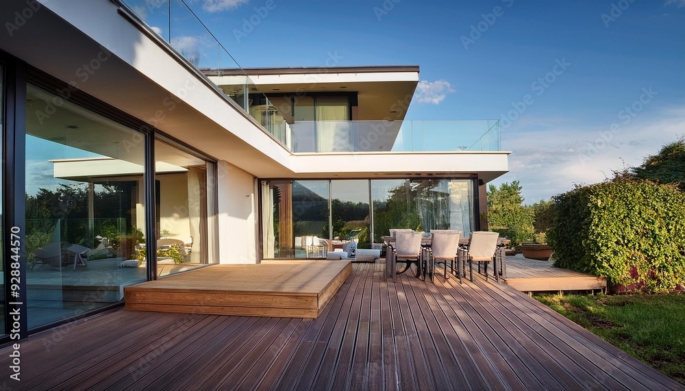 Fototapeta premium Modern House with Large Glass Windows and a Deck
