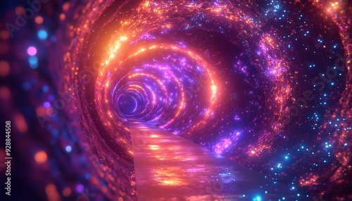 An abstract illustration of a colorful cosmic tunnel with a pathway photo