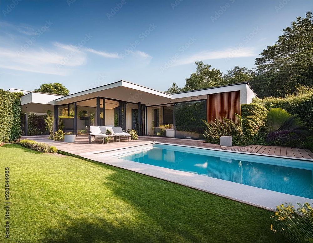 Fototapeta premium Modern House with Pool and Garden Landscape Design