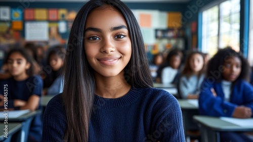 Wallpaper Mural Confident Student in Blue Sweater Smiles in Classroom CloseUp Portrait with Blurred Background Torontodigital.ca