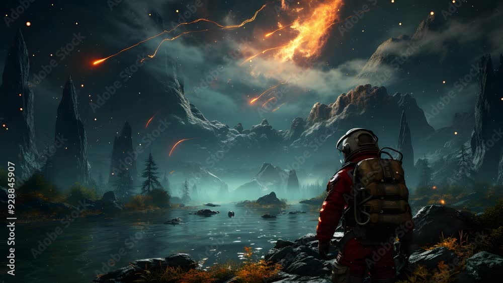 A lone astronaut gazes upon a breathtaking alien landscape, illuminated by a fiery meteor shower. A lone astronaut gazes upon a breathtaking alien landscape, illuminated by a fiery meteor shower.