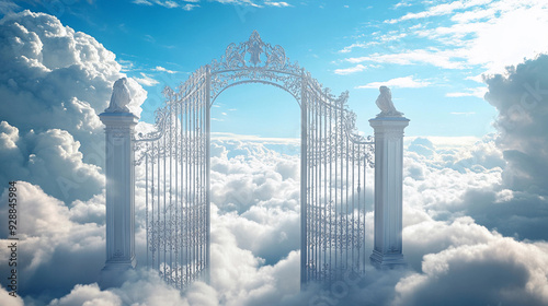 A depiction of the pearly gates floating in clouds photo