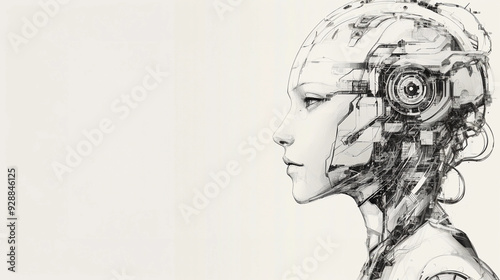 The side profile of a female AI artificial intelligence robot in pencil drawing on a white background