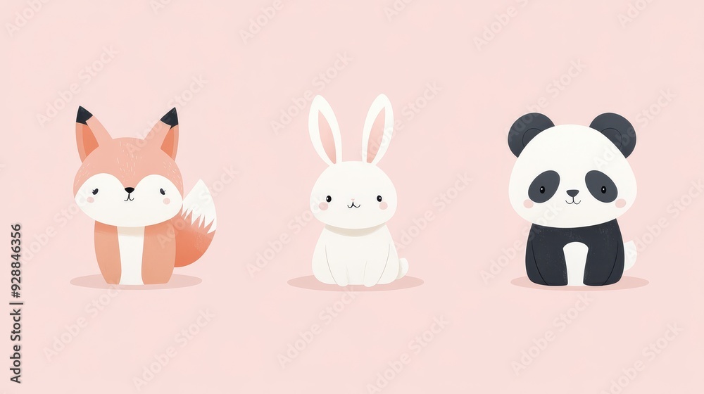 Soft pastel icons of a rabbit, fox, and panda, showcasing the cute and gentle side of animals in a minimalist design. Soft pastel icons of a rabbit, fox, and panda, showcasing the cute and gentle side of animals in a minimalist design.