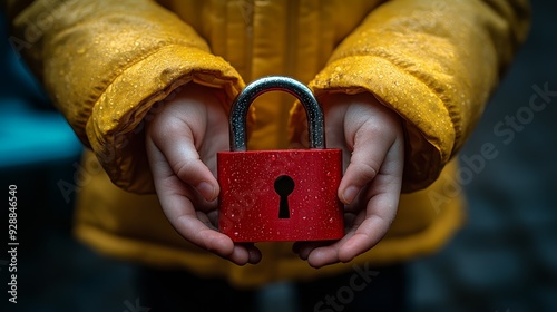 Childs Hands Holding Red Padlock Low Angle CloseUp Concept of Security and Innocence