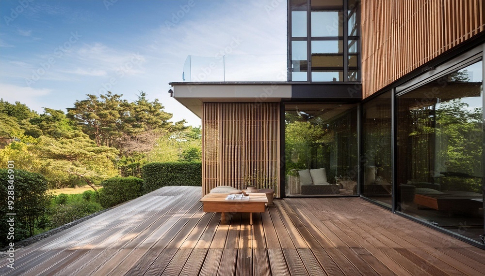 Modern Japanese House with Wooden Deck and Glass Walls Modern Japanese House with Wooden Deck and Glass Walls