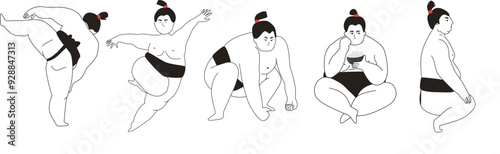 Sumo wrestler character in variety poses and emotions. Sport person, workout, fight, eating, dancing.