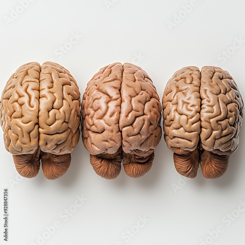 Three human brains arranged in a row on a white background. photo