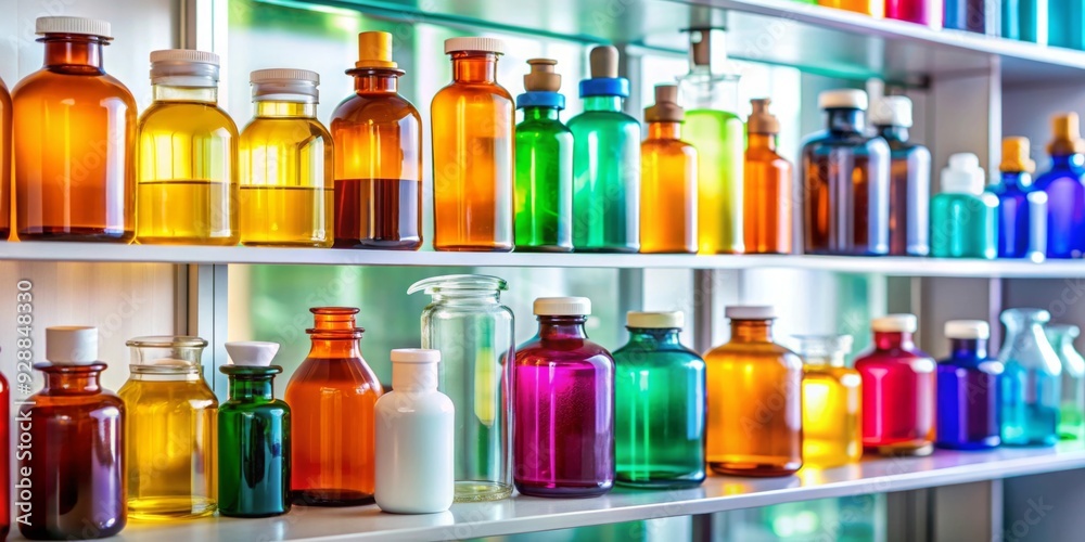 A pharmacy shelf stocked with a variety of colorful medicine bottles , pharmacy, shelf, medicine, healthcare A pharmacy shelf stocked with a variety of colorful medicine bottles , pharmacy, shelf, medicine, healthcare