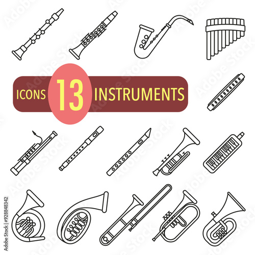 Wind musical instruments with the name in a thin line. Set of wind musical instruments.