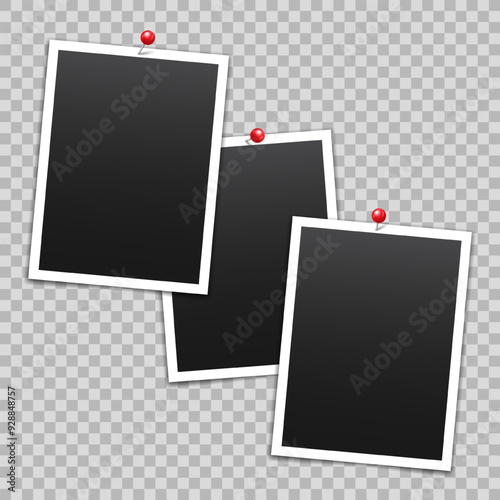 Vector empty photo frames with pin and shadow isolated on transparent background. Template mockup photo design.