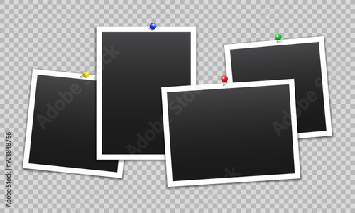 Vector empty photo frames with pin and shadow isolated on transparent background. Template mockup photo design.