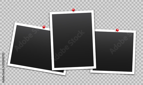 Vector empty photo frames with pin and shadow isolated on transparent background. Template mockup photo design.