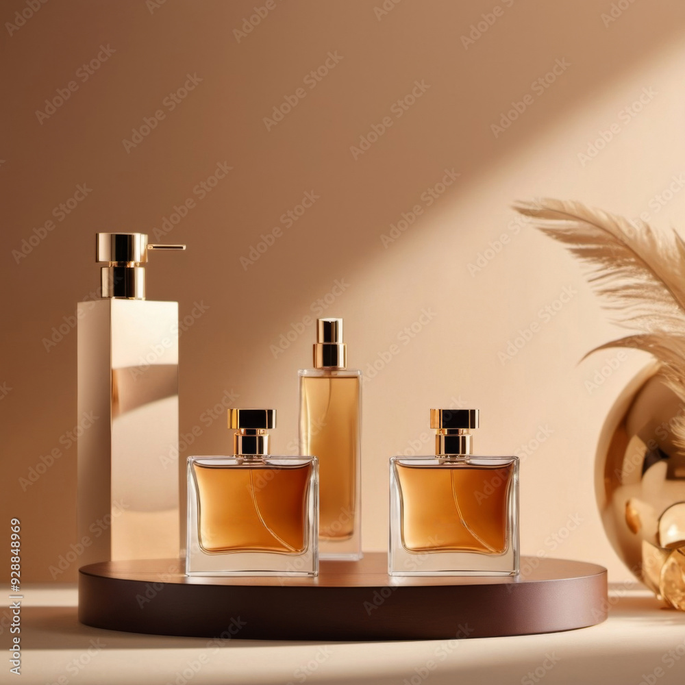 perfume on a warm beige background with sun rays behind. ai generated perfume on a warm beige background with sun rays behind. ai generated