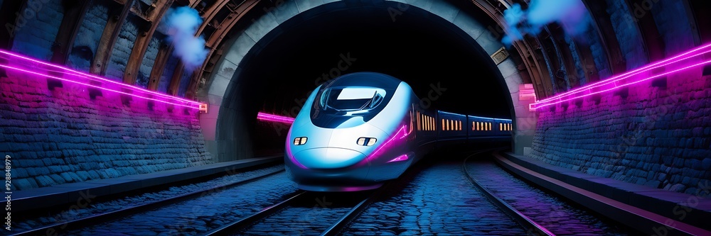 Obraz premium Commuter railway train in a metro tunnel, locomotive on rails with glowing headlights. Electric passenger train drives at high speed among urban landscape.
