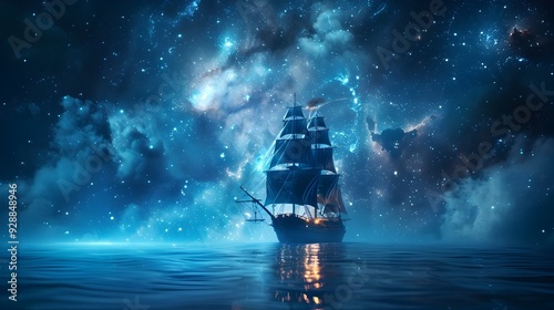 Fototapeta Naklejka Na Ścianę i Meble -  Pirate Ship Sailing Through Starry Cosmic Sea Blending Nautical and Sci Fi Elements
