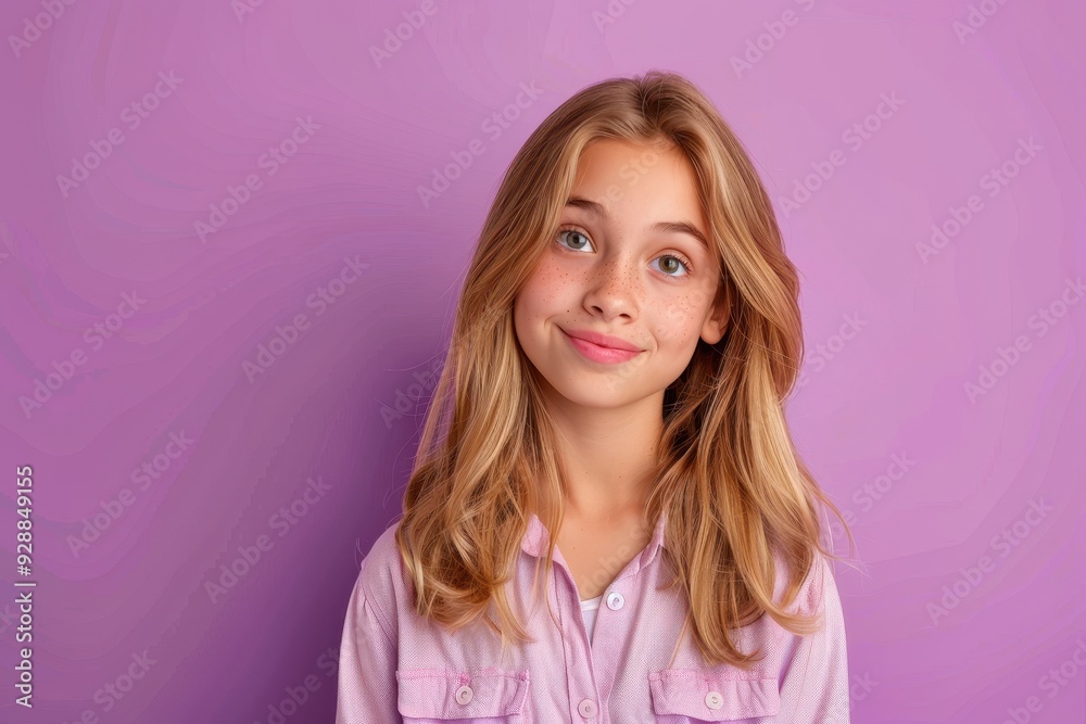 A serene young woman poses gracefully against a soft purple backdrop in bright daylight A serene young woman poses gracefully against a soft purple backdrop in bright daylight