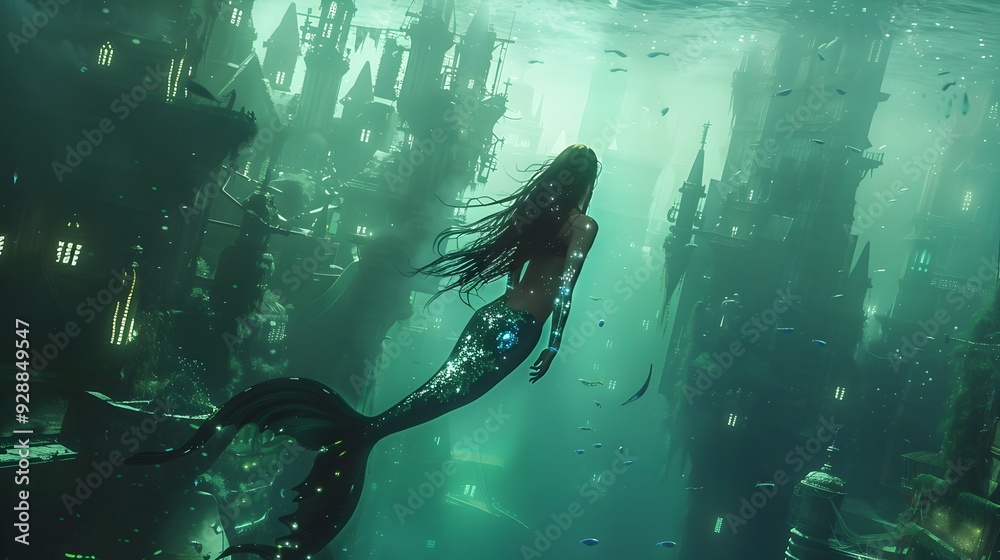 Obraz premium Cybernetic Mermaid Swimming in Futuristic Underwater City