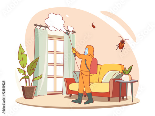Interior pest control. Specialist in protective suit sprays insecticide in room, fighting cockroaches at home, professional house disinfection, cartoon flat style isolated vector concept