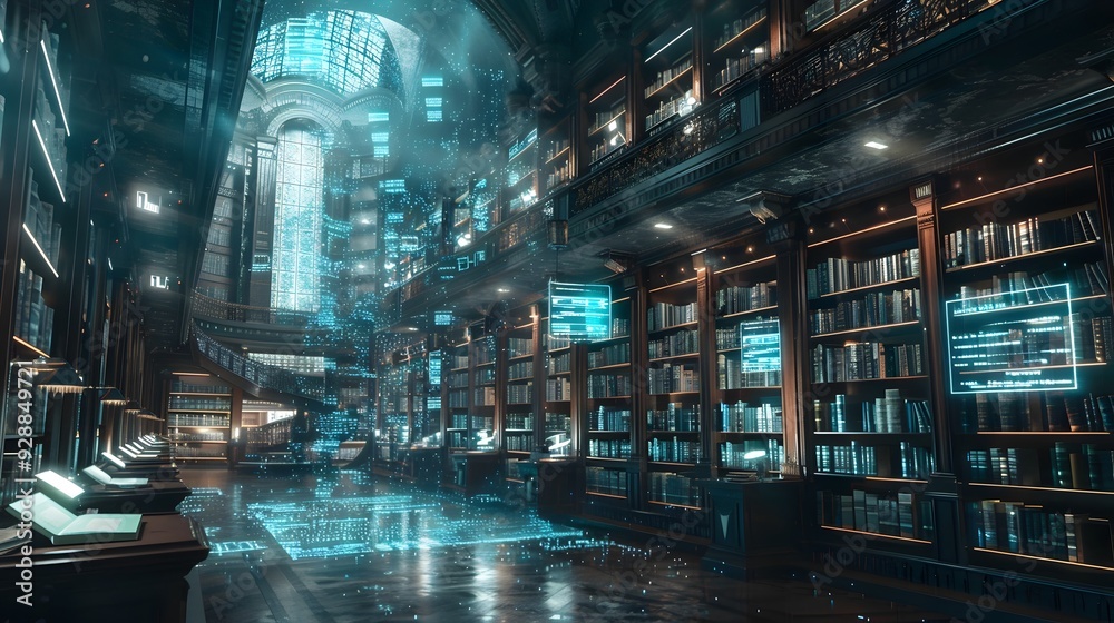 Futuristic Digital Library with Holographic Librarians and Floating Screens Futuristic Digital Library with Holographic Librarians and Floating Screens
