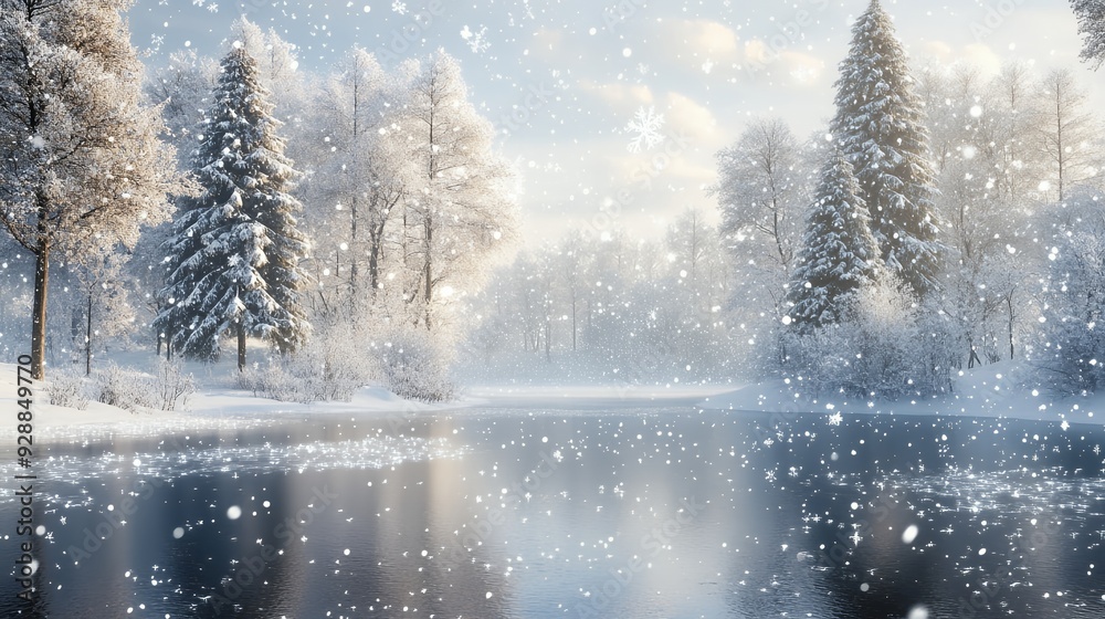 Fototapeta premium Snow falls on a frozen lake in a snowy forest.