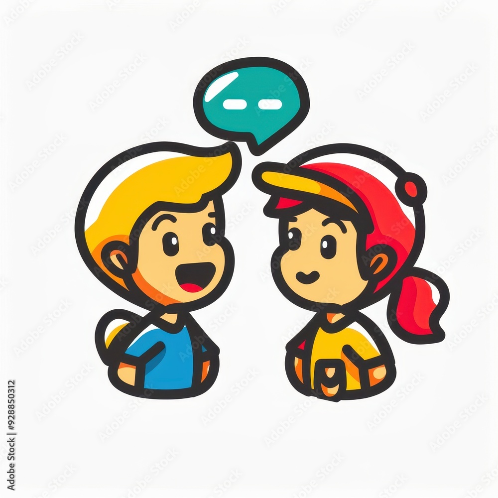 Two cartoon characters engaged in cheerful conversation under a bright sky in a playful illustration Two cartoon characters engaged in cheerful conversation under a bright sky in a playful illustration