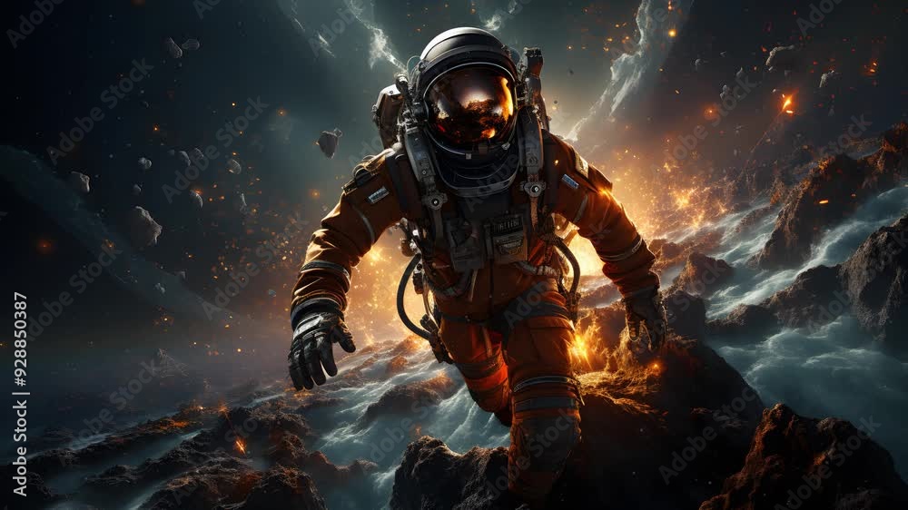 An astronaut in a bright orange spacesuit walks on a desolate rocky planet. The scene is surrounded by glowing orange embers and cosmic dust. An astronaut in a bright orange spacesuit walks on a desolate rocky planet. The scene is surrounded by glowing orange embers and cosmic dust.
