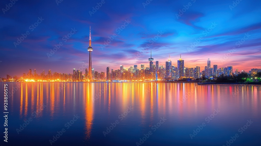 Fototapeta premium City Skyline at Dusk. A stunning city skyline silhouetted against the warm colors of dusk, with lights starting to twinkle.