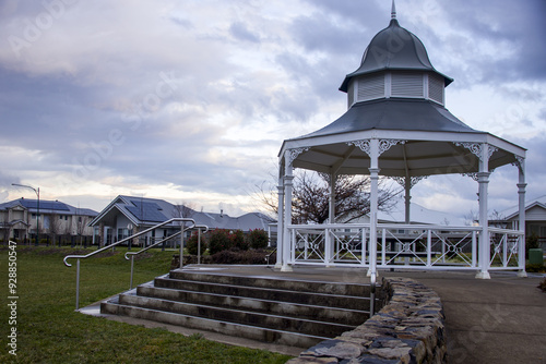 This photograph features a charming white wooden gazebo with grey roof at Central Park Bowral Southern Highlands New South Wales Australia