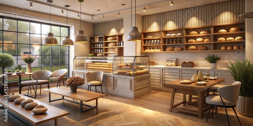 A 3D bakery interior with soft lighting and cozy seating, representing a comfortable and inviting bakery ambiance