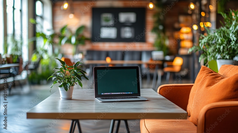 Laptop on a table in a stylish, cozy cafe with an orange sofa and indoor plants, creating a warm and inviting atmosphere. Laptop on a table in a stylish, cozy cafe with an orange sofa and indoor plants, creating a warm and inviting atmosphere.