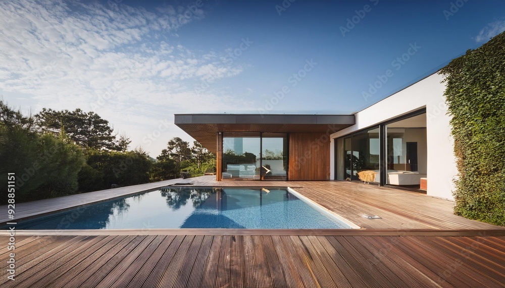 Fototapeta premium Modern Minimalist House with Swimming Pool and Wooden Deck