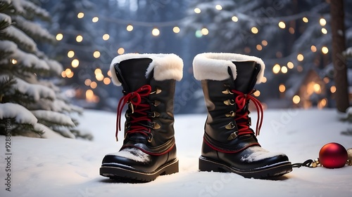 A pair of black Santa boots dusted with snow, standing on a snowy path surrounded by pine trees decorated with Christmas lights.  photo