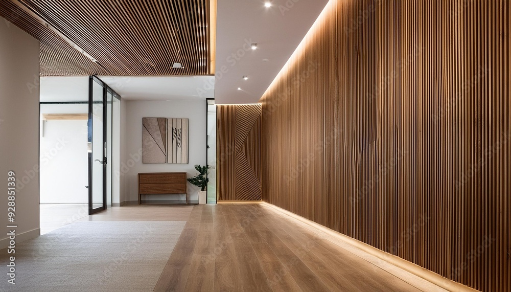Fototapeta premium Modern Minimalist Interior Design Hallway With Wooden Wall Panels
