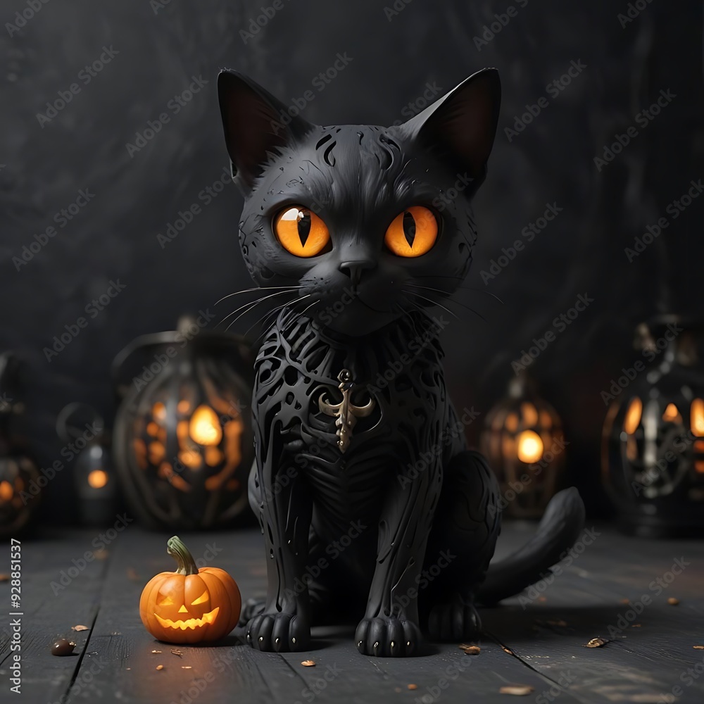A spooky Halloween scene featuring a black skeleton cat sitting on a dark background. The eerie, glowing eyes and skeletal details create a mysterious and haunting atmosphere perfect for Halloween. A spooky Halloween scene featuring a black skeleton cat sitting on a dark background. The eerie, glowing eyes and skeletal details create a mysterious and haunting atmosphere perfect for Halloween.