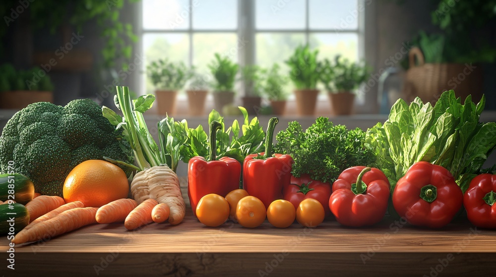 A variety of fresh vegetables, including bell peppers, carrots, and greens, arranged on a wooden kitchen table, illuminated by natural sunlight from a nearby window. A variety of fresh vegetables, including bell peppers, carrots, and greens, arranged on a wooden kitchen table, illuminated by natural sunlight from a nearby window.