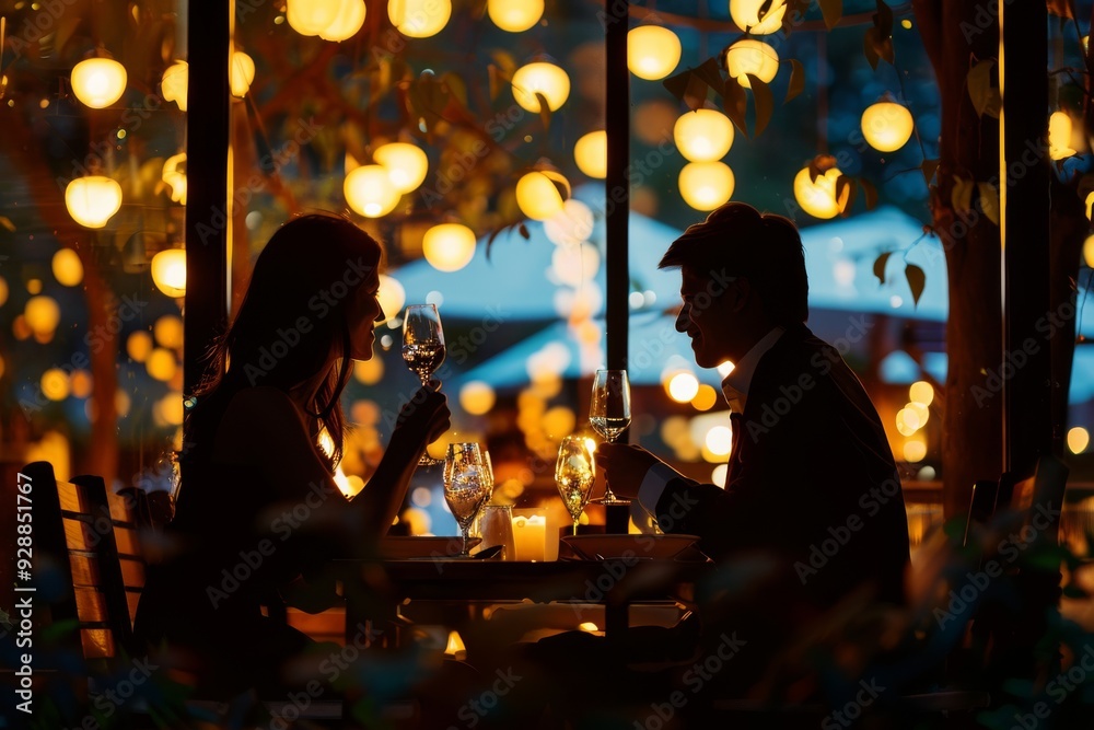 A romantic couple enjoys an intimate candlelit dinner at a stylish restaurant, capturing the essence of love, elegance, and special moments shared over a gourmet meal A romantic couple enjoys an intimate candlelit dinner at a stylish restaurant, capturing the essence of love, elegance, and special moments shared over a gourmet meal