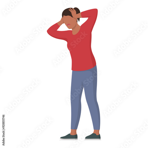 Stressed panicked woman with head in hands