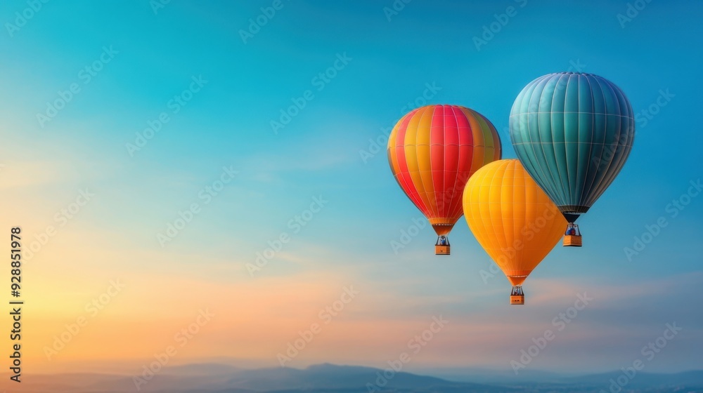 Fototapeta Colorful Hot Air Balloons in the Sky. Bright and colorful hot air balloons floating peacefully against a clear blue sky.